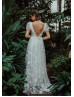 Short Sleeves Ivory 3D Lace Tulle Wedding Dress With Beaded Sash